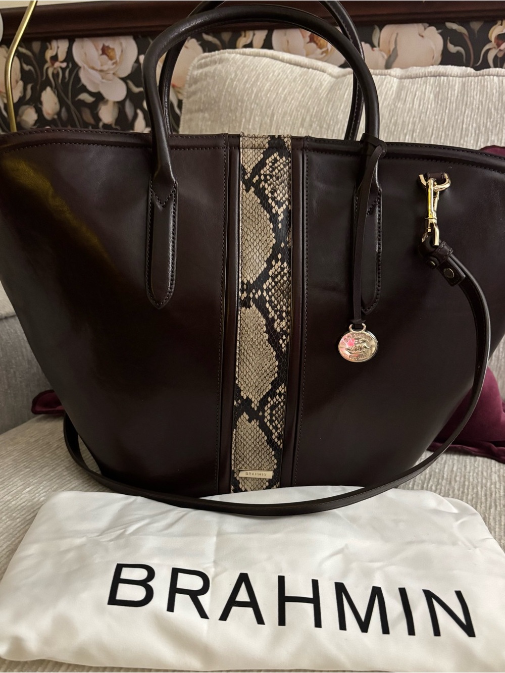 Brahmin Mira Leather Tote Espresso Layton | Large Market Tote - Picture 6 of 8